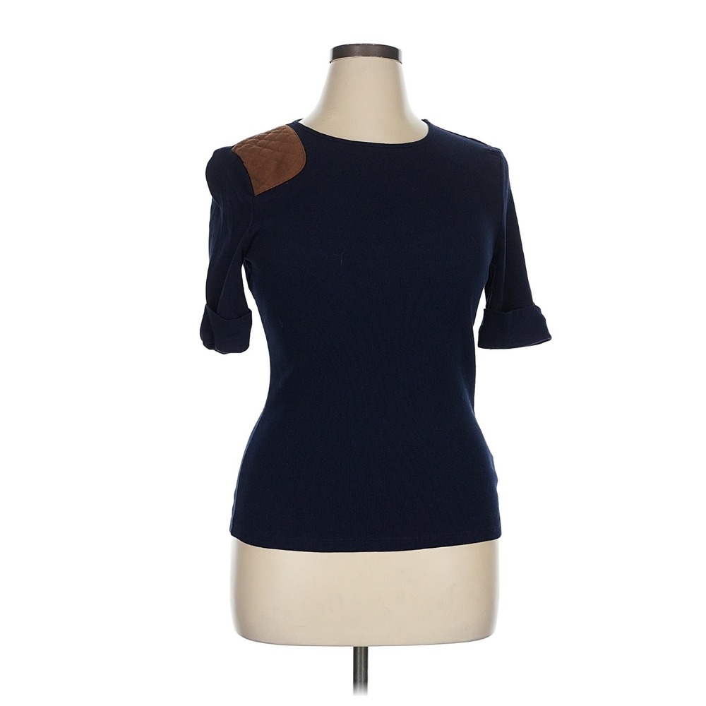 LAUREN RALPH LAUREN Womens Navy Blue Faux Suede Shoulder Patch Knit Top XL